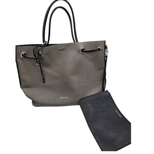 Calvin Klein Grey Leather Purse Tote Bag with Matching Pouch Magntic Closure /RR